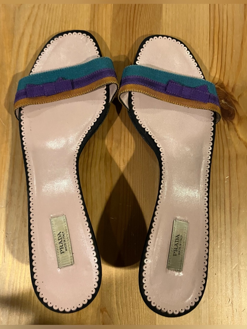 EUC Prada Vero Cuoio Leather Slide Sandals with Teal, Purple & Gold Trim Size 37